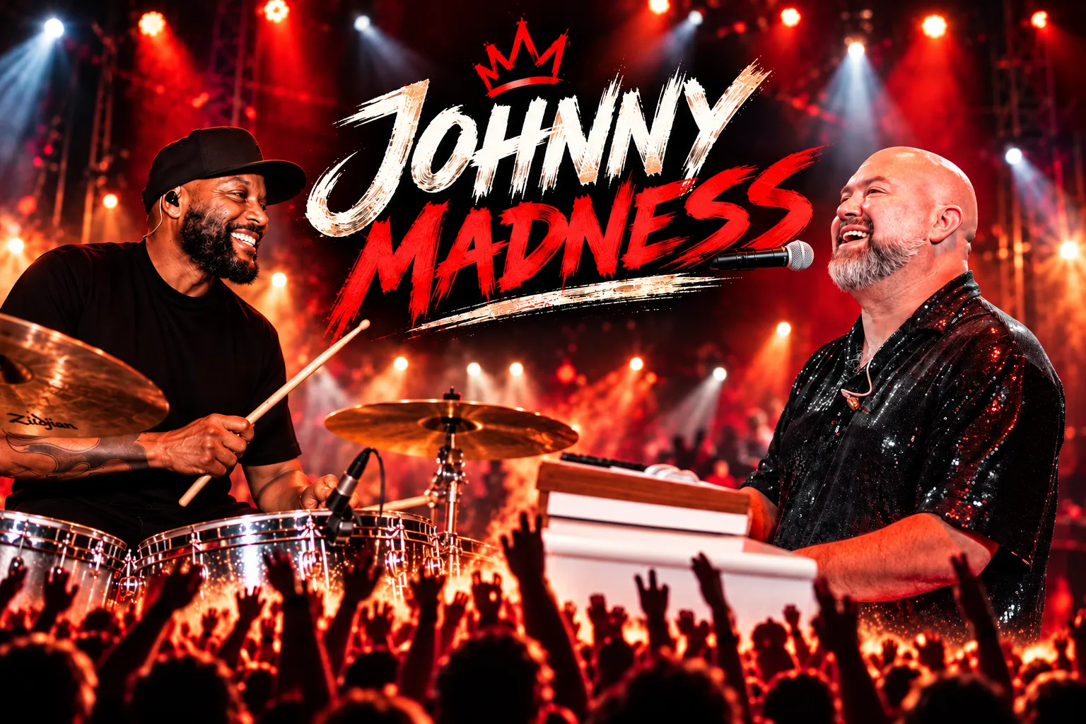 Johnny Corsie achter de piano en Power Patrick achter de drums op een podium vol publiek